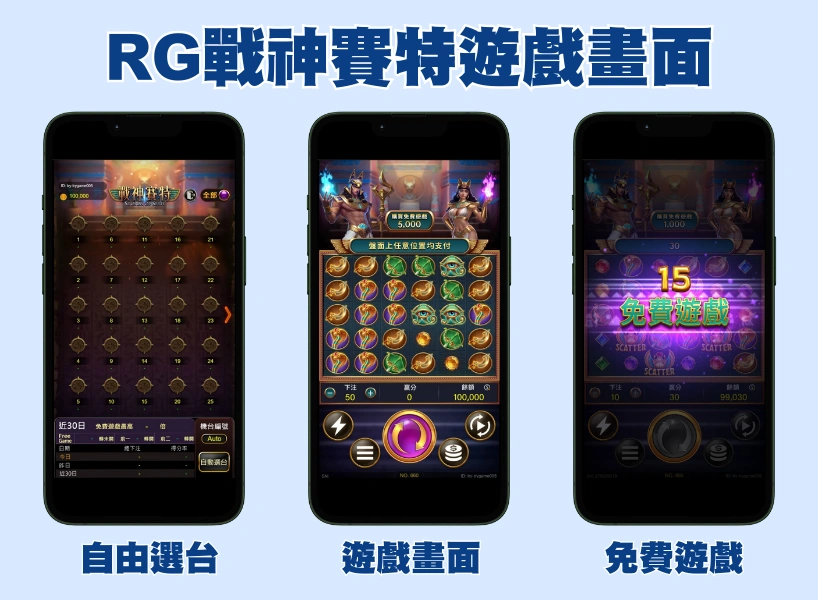RG戰神賽特遊戲畫面，展示選台、轉輪介面及免費遊戲